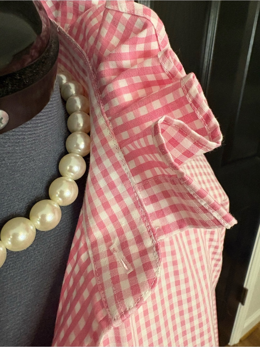 Upcycled pink and white gingham ruffle collar blouse - Picture 2 of 6